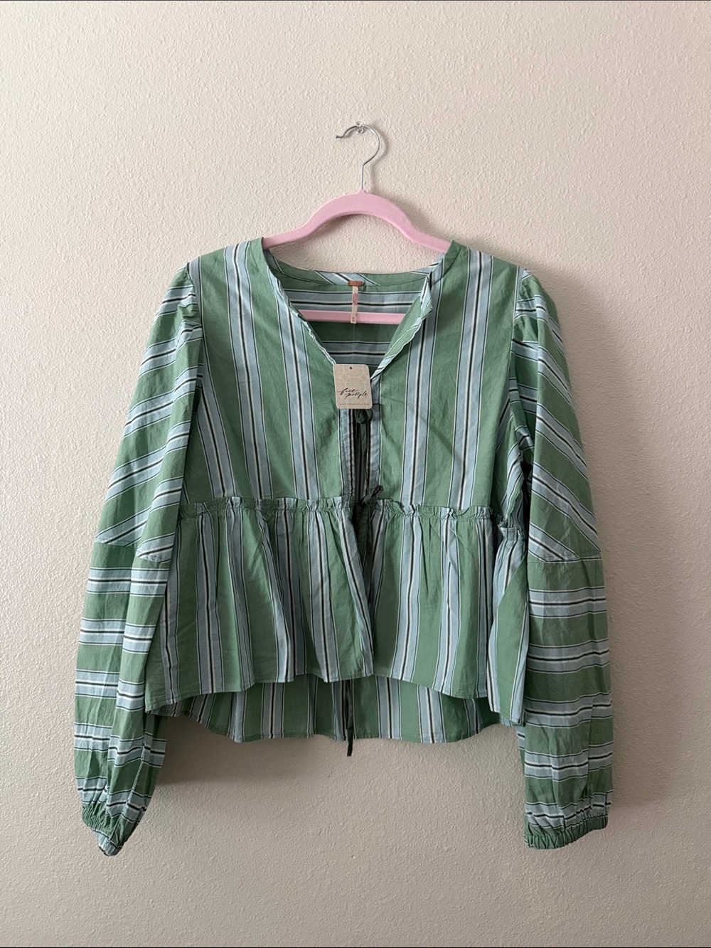 Free People Green and White Striped Peasant Top